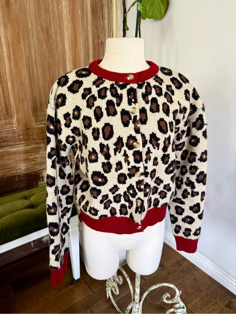 SHEIN Cream Leopard Print Cardigan with Red Trim